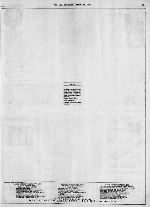 A full page ‘surprise’ announcement printed in major newspapers around the country (The Age, March 23, 1961)