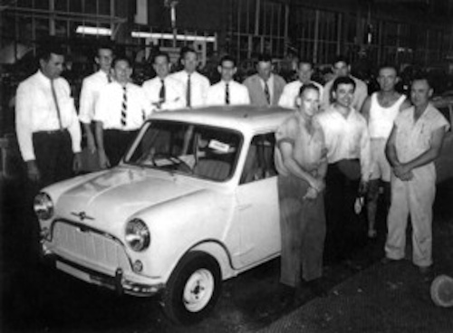 The first Morris 850 off the Australian assembly line at Victoria Park (image: British Motor Corporation (Australia) 1961).