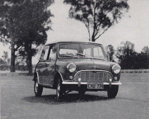 A demonstration of the Morris 850's road holding ability at Warwick Farm press preview (image: Australian Motor Sports and Automobiles, April 1961, p. 112)