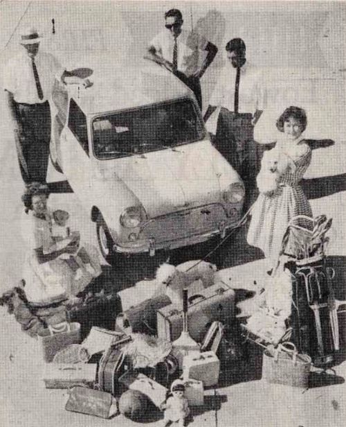 A publicity stunt showing the passenger and luggage capacity of the Morris 850 at the press preview (image: Modern Motor, May 1961, p. 73)